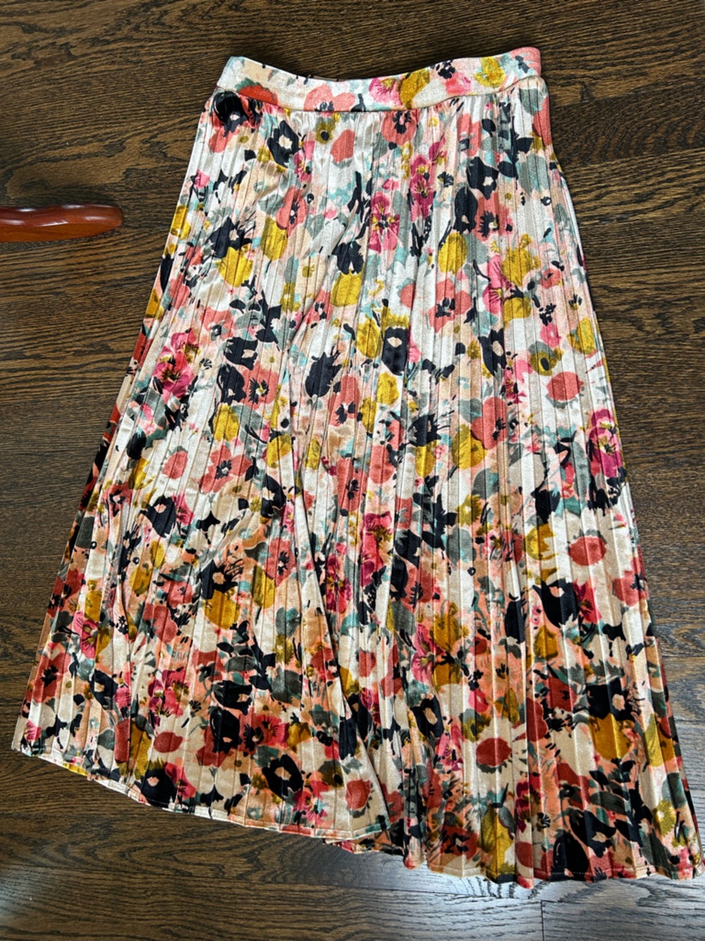 Maeve Floral Pleated Maxi Skirt in Coral, Mustard & Black